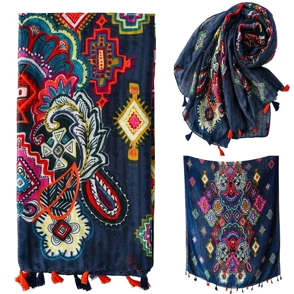 Paisley Print Scarf Aztec Accents Fringe Navy Multicolored Long 36” x 70” New!